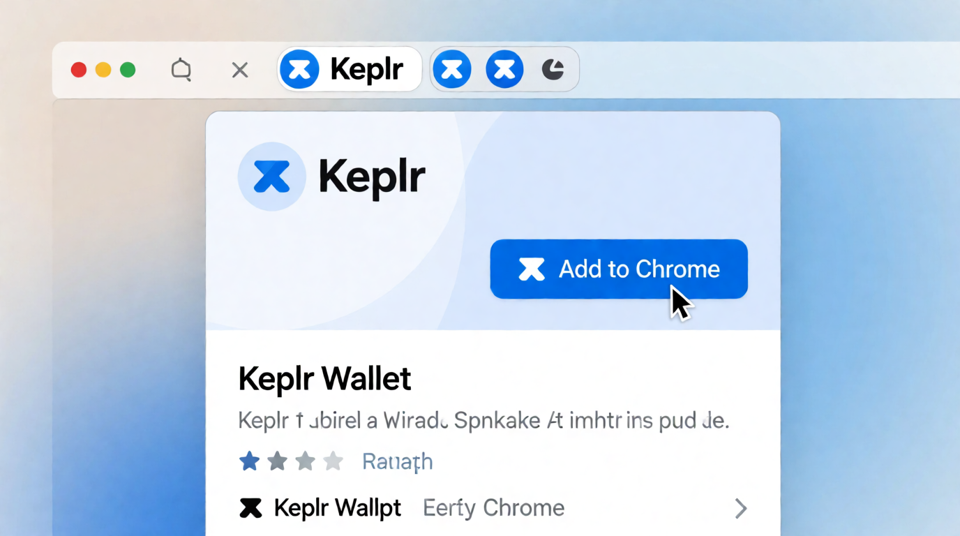 Browser window showing the official Keplr Wallet download page with the 'Add to Chrome' button, and the extension icon pinned in the toolbar.